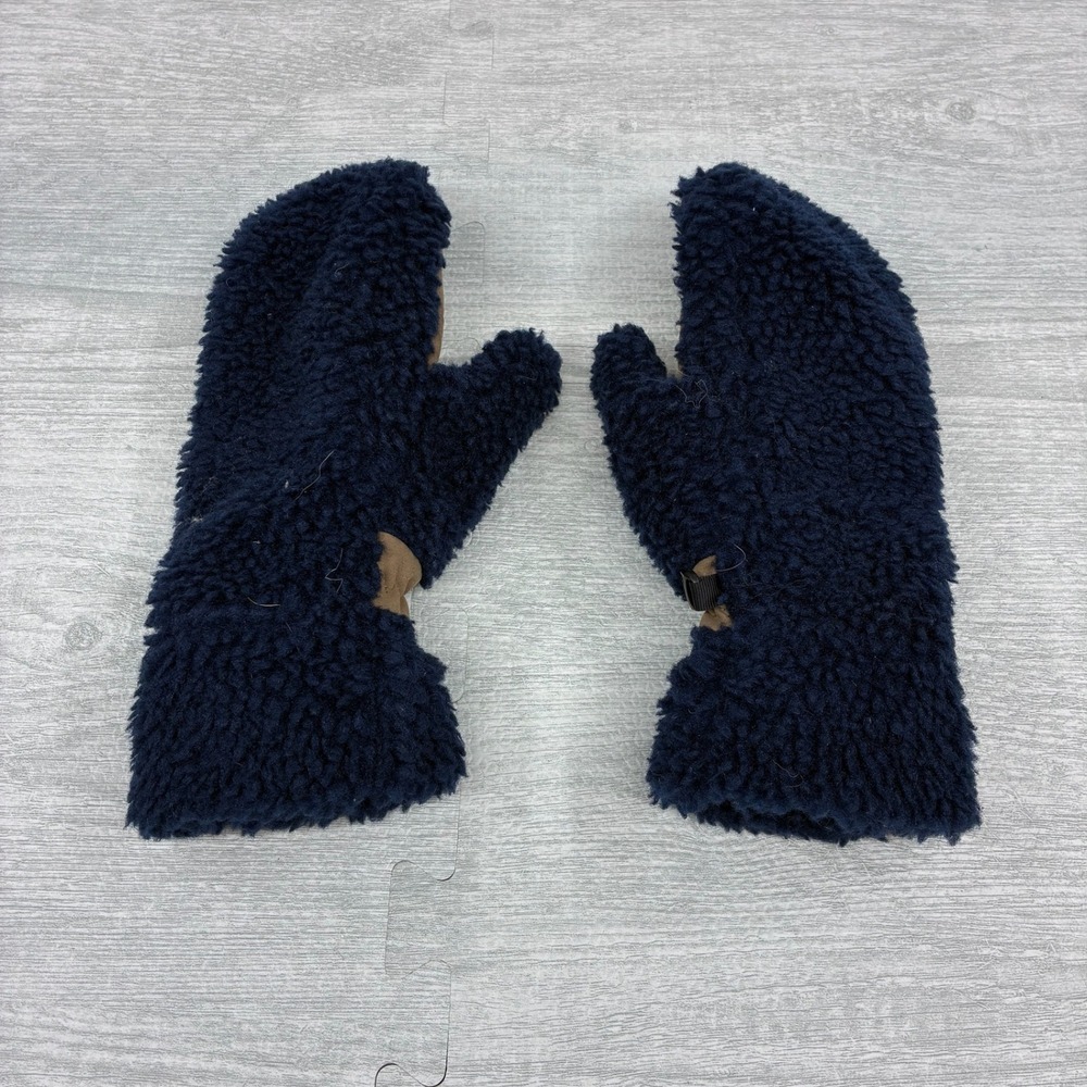L.L. Bean Sherpa Mittens Mountain Pile Gloves Small Blue Fleece Brown Primaloft
